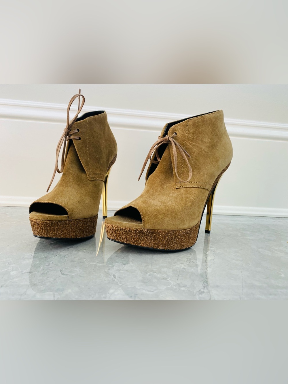 Burberry Women’s Suede Lace-Up Platform Bootie - Tan